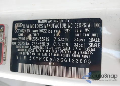 2016 Kia Sorento 3.3L Sx из США, поврежденный, VIN 5XYPKDA52GG123605